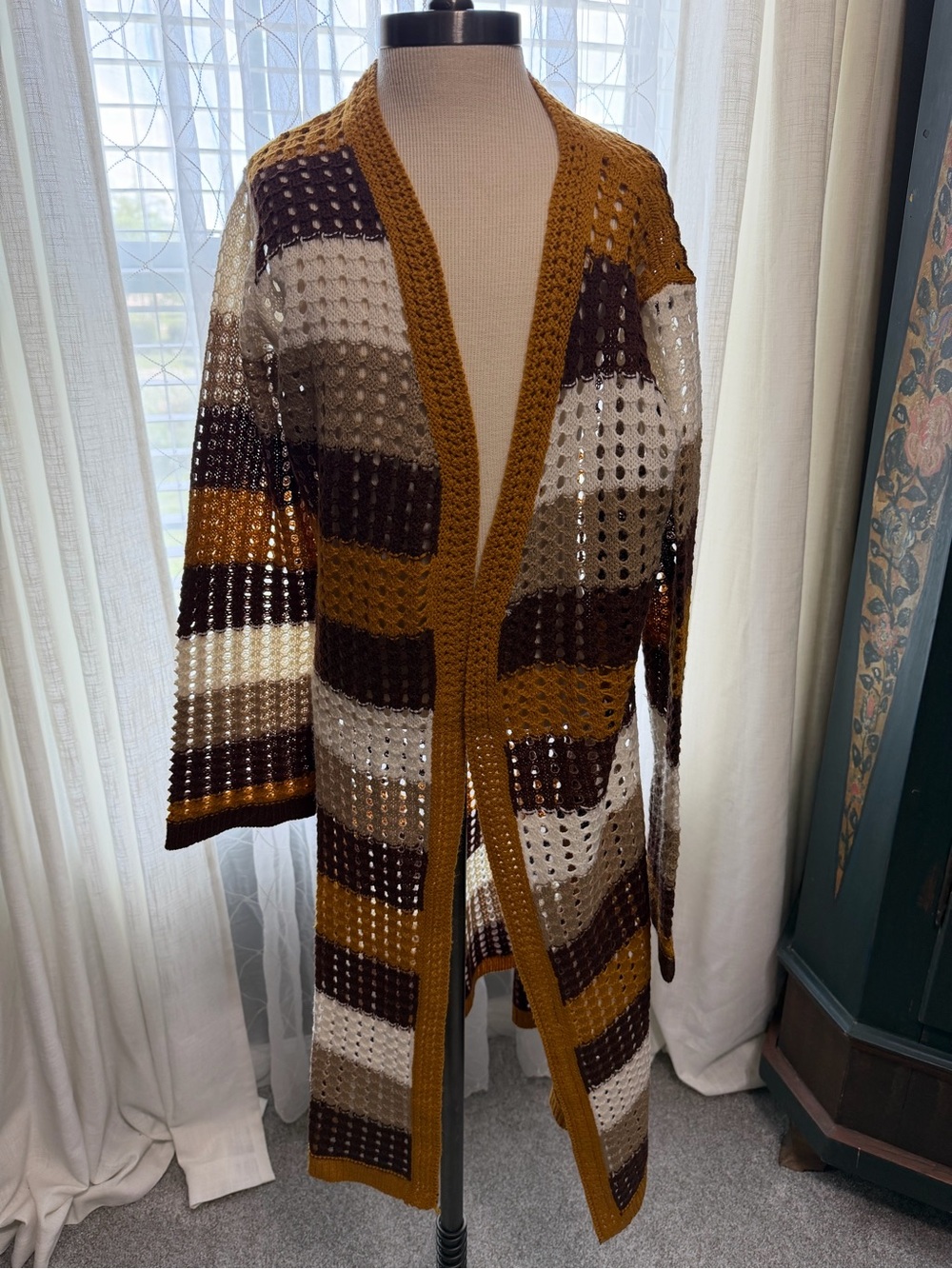 Striped Open-Front Crochet Cardigan - Mustard, Brown & Cream